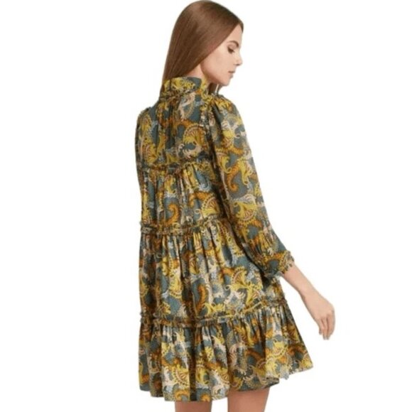 Cinq a Sept Brady Paisley Ruffle Tiered Babydoll Dress in Eucalyptus Size 14 - Picture 2 of 5